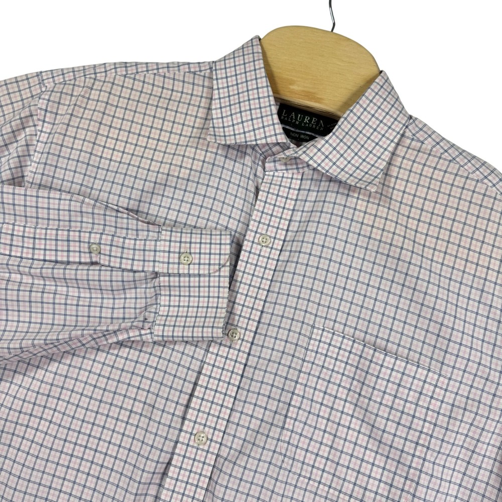 Lauren Ralph Lauren Mens Dress Shirt 18 34/35 Pink Blue Plaid Non Iron *Has Flaw